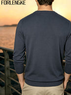 FORLENGKE Stylish Elegant Men'S Business Casual Grid Textured Crew Neck Knit Sweater, Soft Warm Long Sleeve Pullover for Fall Winter Office Daily Wear - Grey