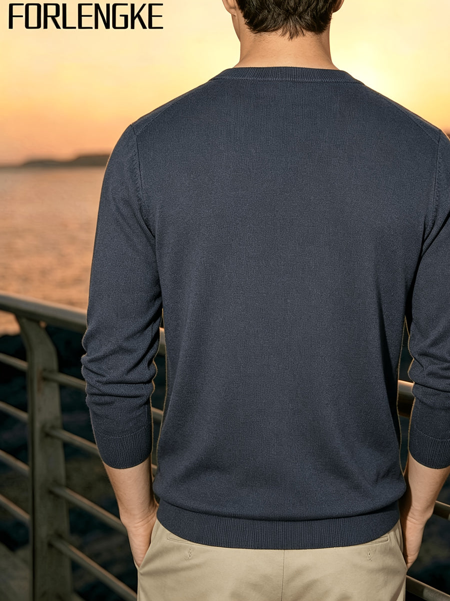FORLENGKE Stylish Elegant Men'S Business Casual Grid Textured Crew Neck Knit Sweater, Soft Warm Long Sleeve Pullover for Fall Winter Office Daily Wear - Grey