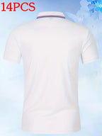 14pcs Classic Solid Color Men'S Polo Shirts, Breathable Lapel High Quality Shirts Casual Fashion Sport - White