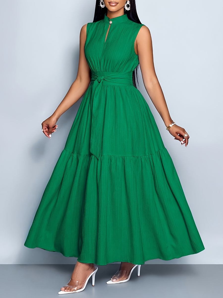 Elegant and Fashionable Women's Solid Color Stand-up Collar Sleeveless Waist-cinching Tie-knot Dress with Front Cutout, Suitable for Casual, Fashionable, and Commuting Styles. Selected from the Industry's Elegant Series, Ideal for Parties and Work - Green