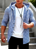 Men's Blue and White Vertical Stripe Textured Hooded Shirt Jacket with Three-Quarter Sleeves, Drawstring Hood, and Open Front. Vintage Casual Top, Versatile Daily Commute Outer Shirt - Sky Blue
