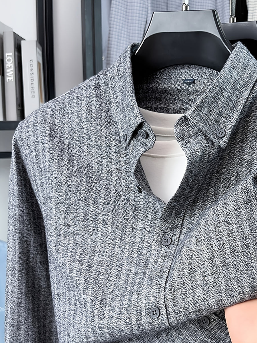 Men's Brushed Vertical Stripe Long-Sleeve Shirt, Vintage Vertical Stripes, Loose Casual Fit, Suitable for Autumn and Early Winter - SINBOS - Gray Stripe