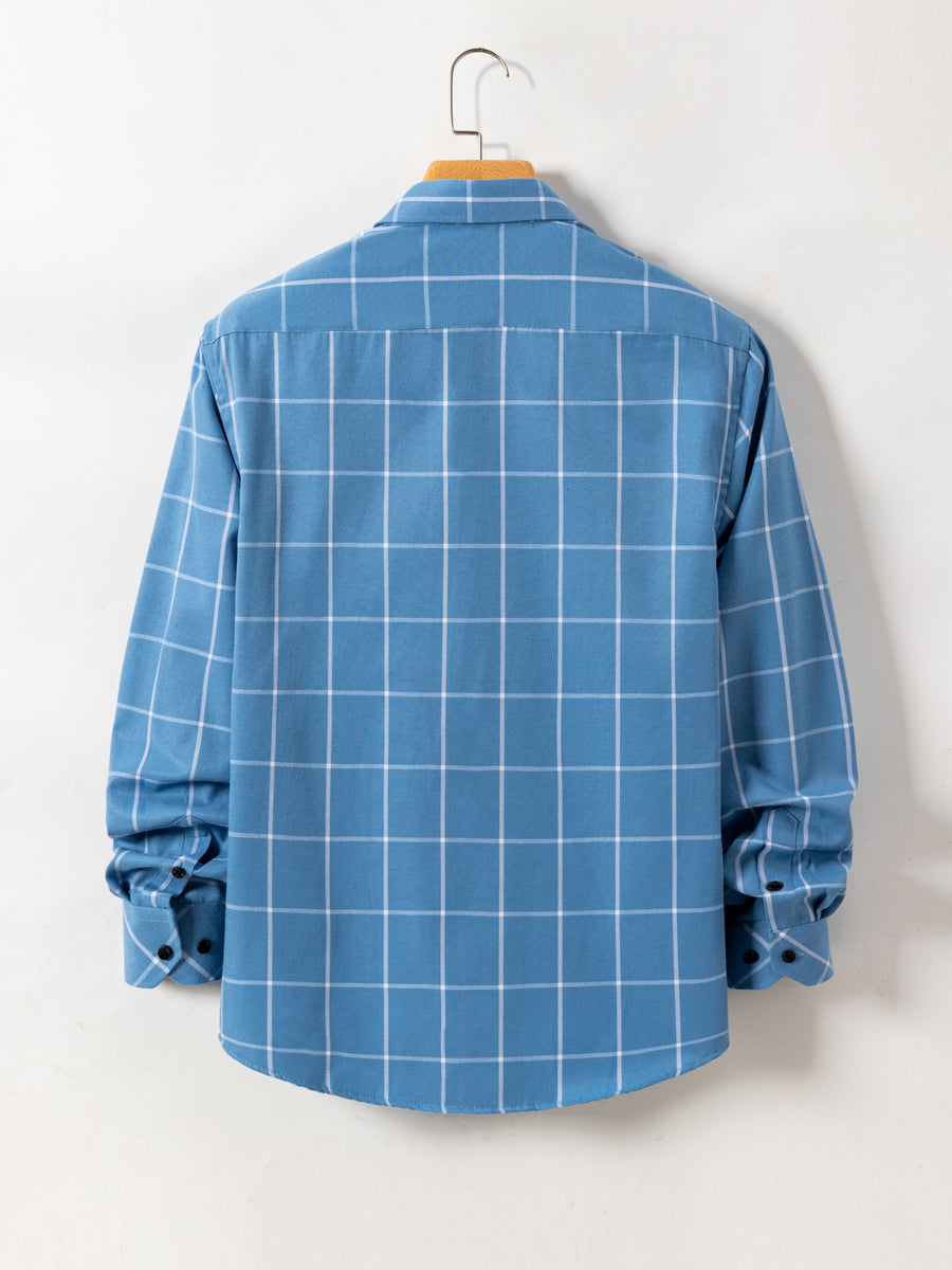 New Trendy Men'S Brushed Checkered Shirt Fall Winter Casual Jacket Outerwear - Sky Blue
