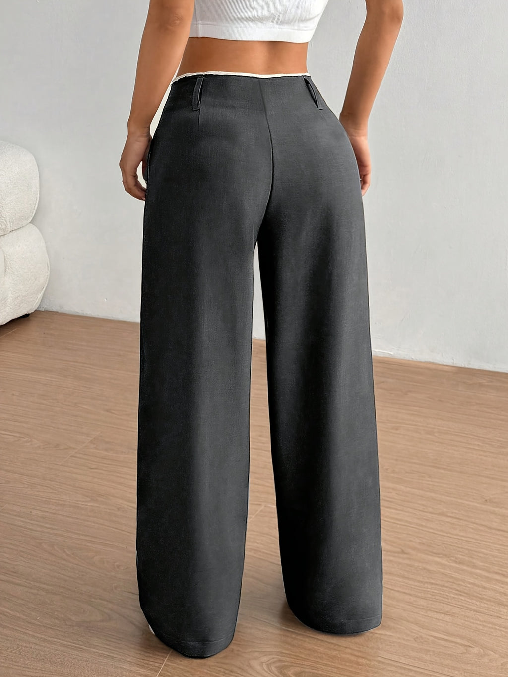 Spring/Autumn New Solid Color Spliced Waist Straight-Leg Trousers, Loose Casual Commuter Style Suit Pants - Deep Grey