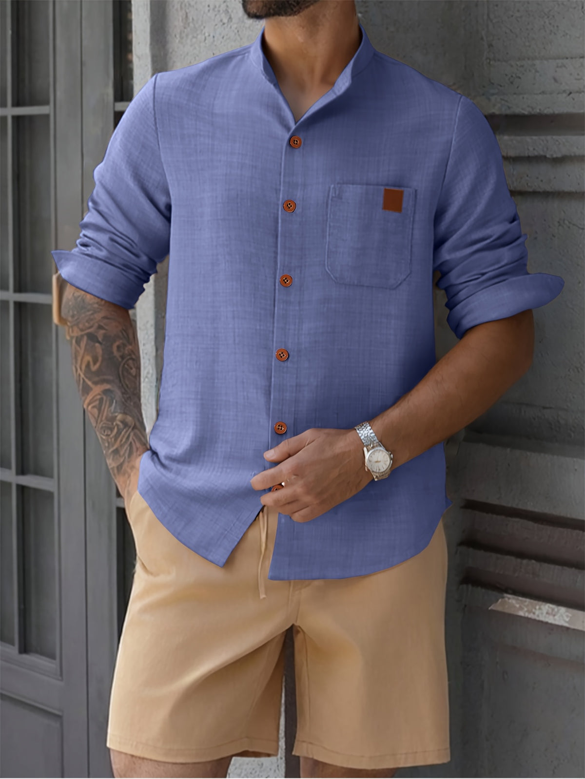 Men's Simple Solid Color Shirt with Stand Collar and Long Sleeves - Navy