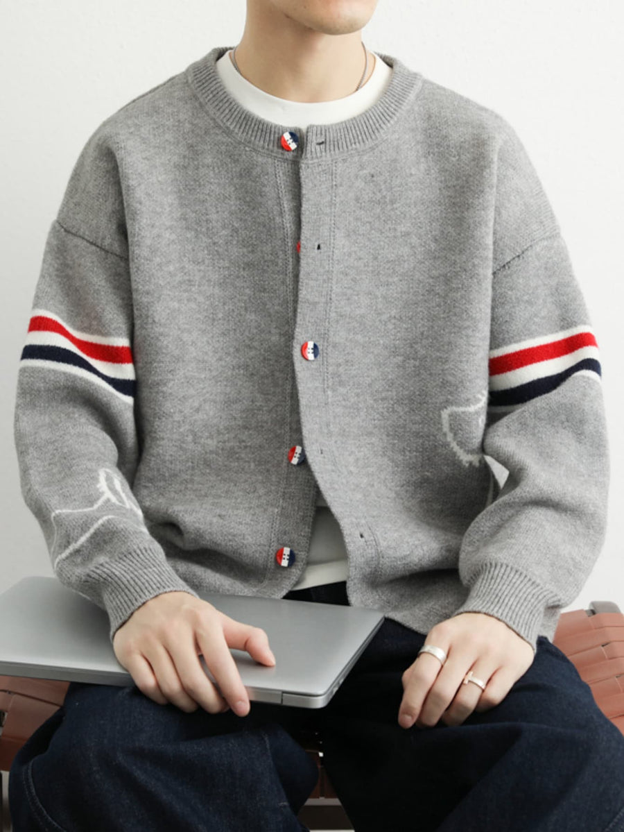 Autumn/Winter Men's Knitted Cardigan Coat, Academic Style Loose Fit Casual Thick Sweater, Trendy Brand Student Striped Patchwork Jacket MDKL-5017 - Grey