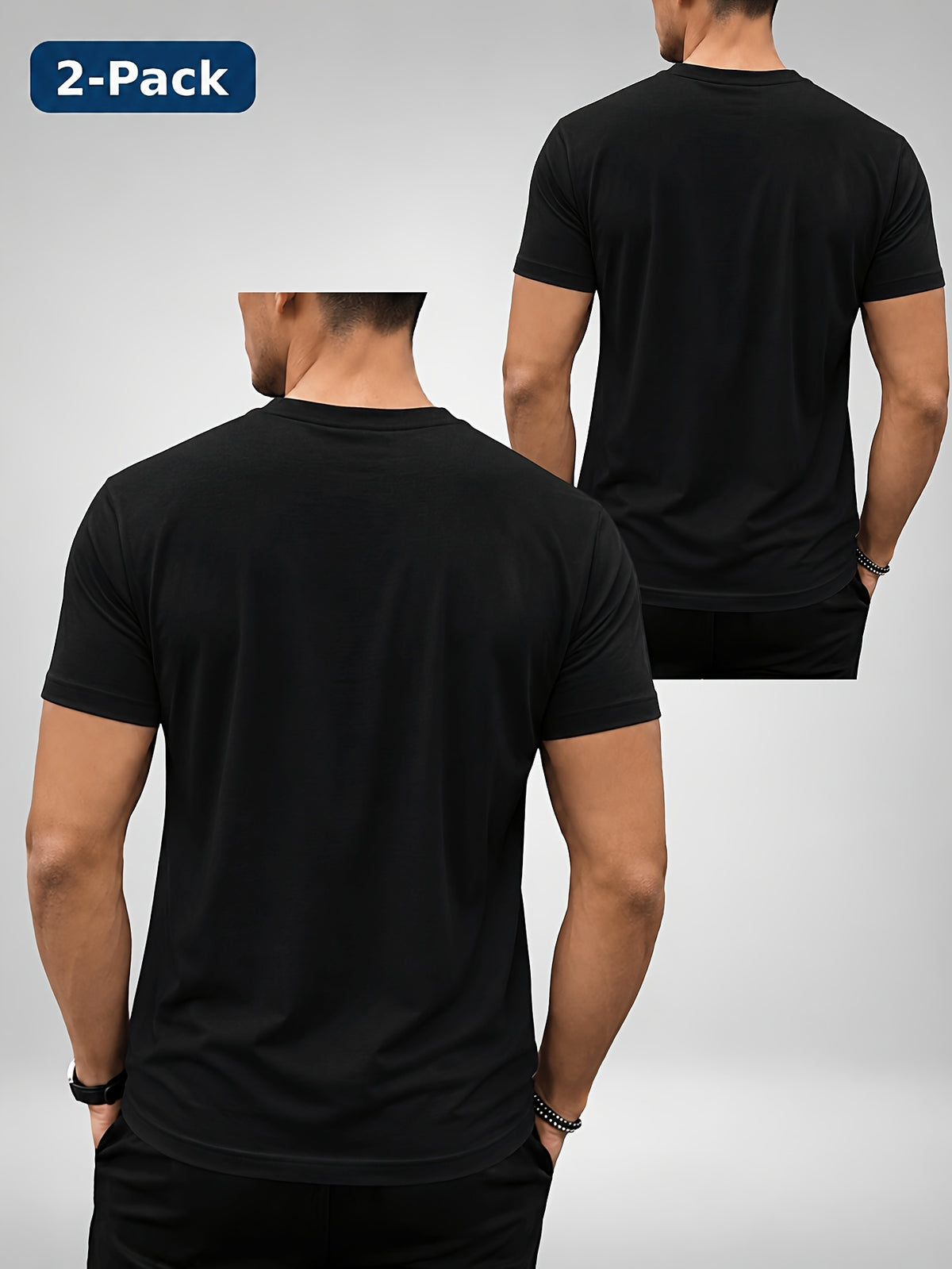 2pcs Men'S Round Neck Short Sleeve Top Set, Round Neck Solid Basic Style Multi-Piece Set, Soft -Like Fabric, Easy And Timeless, Easy to Match, Daily Replacement And Base Layer Short Sleeve Top, Suitable for Commuting, Casual And Home Wear - Black+black