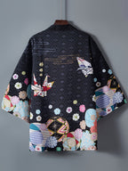 Yukata-Style Vintage Floral Printed Kimono Cardigan, Harajuku-Inspired Modified Haori with Three-Quarter Sleeves, a Short Japanese Outerwear Shawl, Lightweight Cover-Up For, Fashionable Casual Top - Black