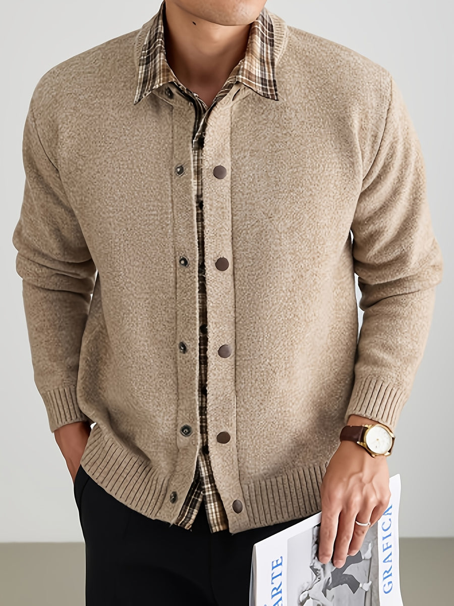 Men'S Oatmeal Knit Cardigan, Faux Two-Piece Plaid Shirt Collar Single Button, Business Casual Spring Autumn Regular Fit, Commuting Office - Beige Camel