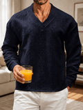 Fall Winter Men'S Casual Cable Knit Pullover, V-Neck Long Sleeve Textured Sweater with Ribbed Neckline, Cuffs, And Hem, Relaxed Everyday Top for Business Casual, Weekend, Dinner, Vacation, Travel, And Outdoor Walks - Navy Color