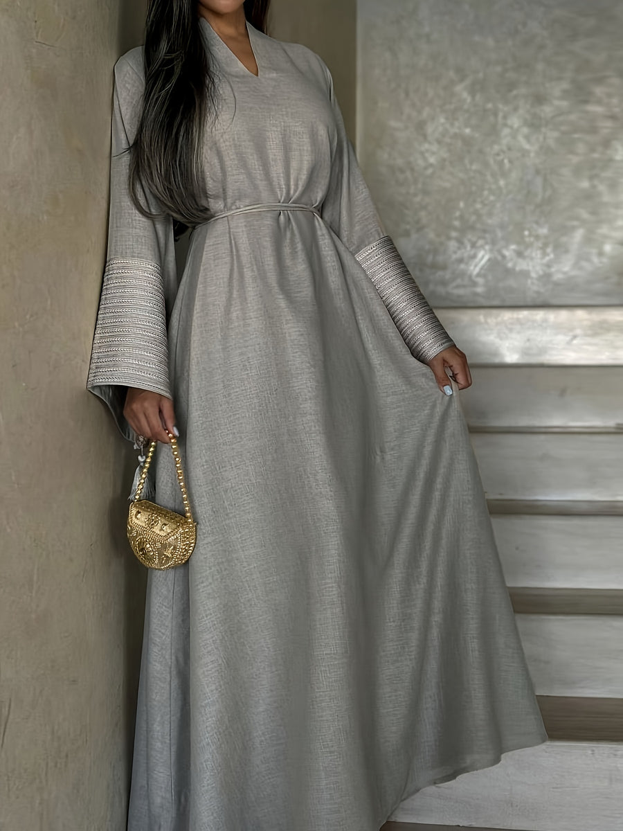 1pc Intricate Embroidery Arabian Ramadan Dubai Maxi Dress Casual Loose Abaya Muslim Women'S Ball Gown Dress Jalabaya - Grey