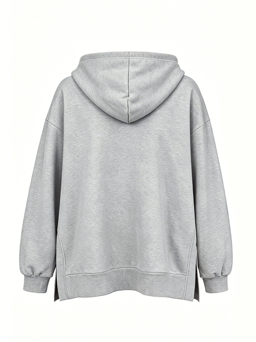 Women'S Fashion Hooded Sweatshirt for Autumn And Winter - Pattern Print Design, Side Slit Detail, Pullover Hoodie - Light Grey