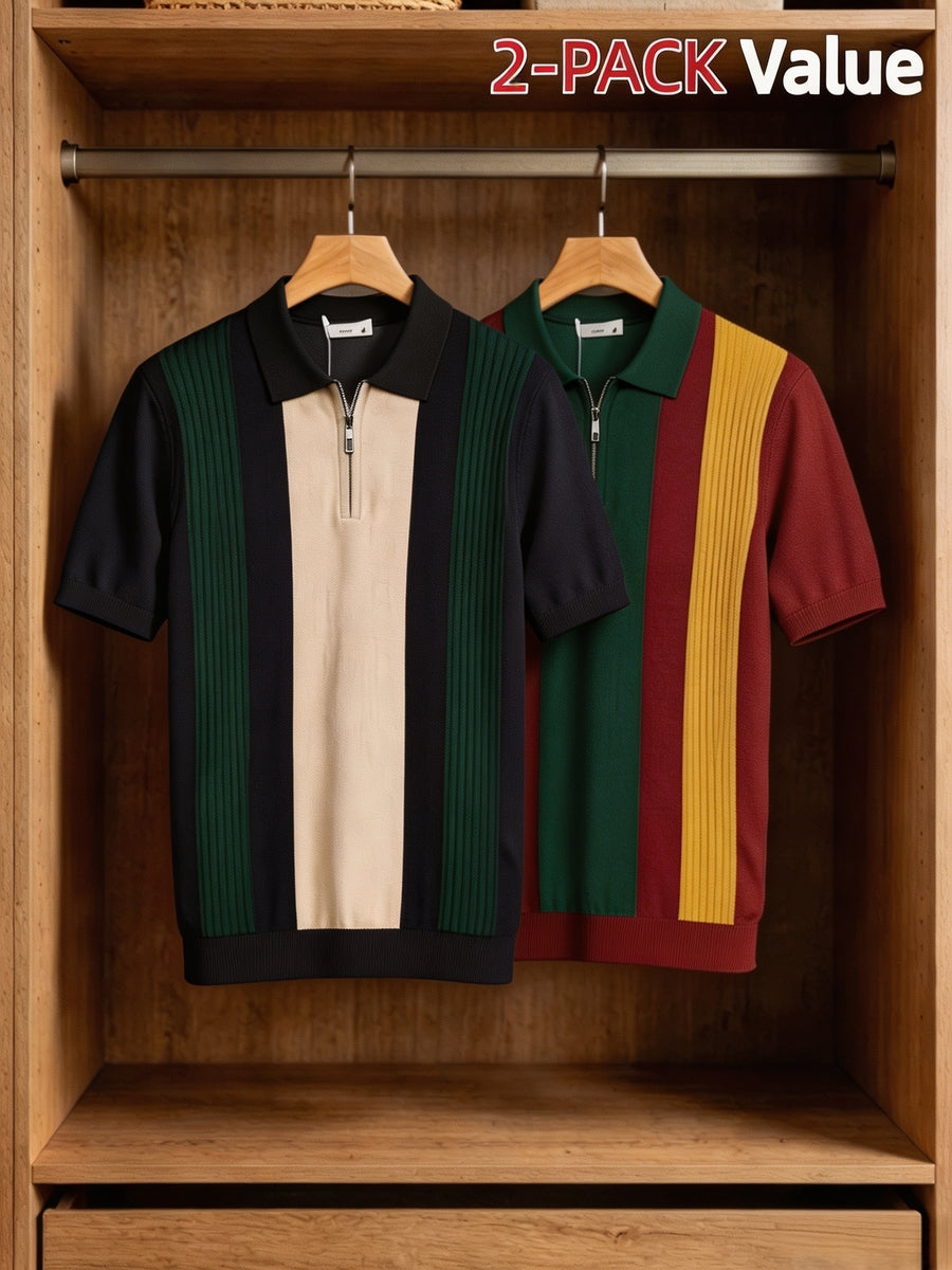 Old Money Style Men's Half-Zip Contrast Color Vertical Stripe Knit Polo 2pcs Set, Ice Silky Fiber Fabric, Breathable Business Casual Short-Sleeve Suit Sweater - 2PACK-BB