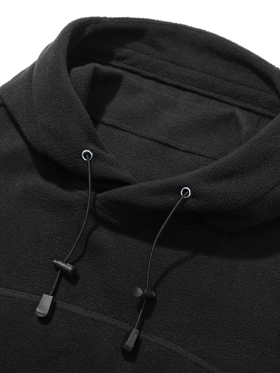 Men's Polar Fleece Tactical Hoodie, Long Sleeve Pullover Hooded Sweatshirt with Multi Zipper Pockets, Casual Outdoor Warm Hooded Top for Daily Hiking Travel - Black