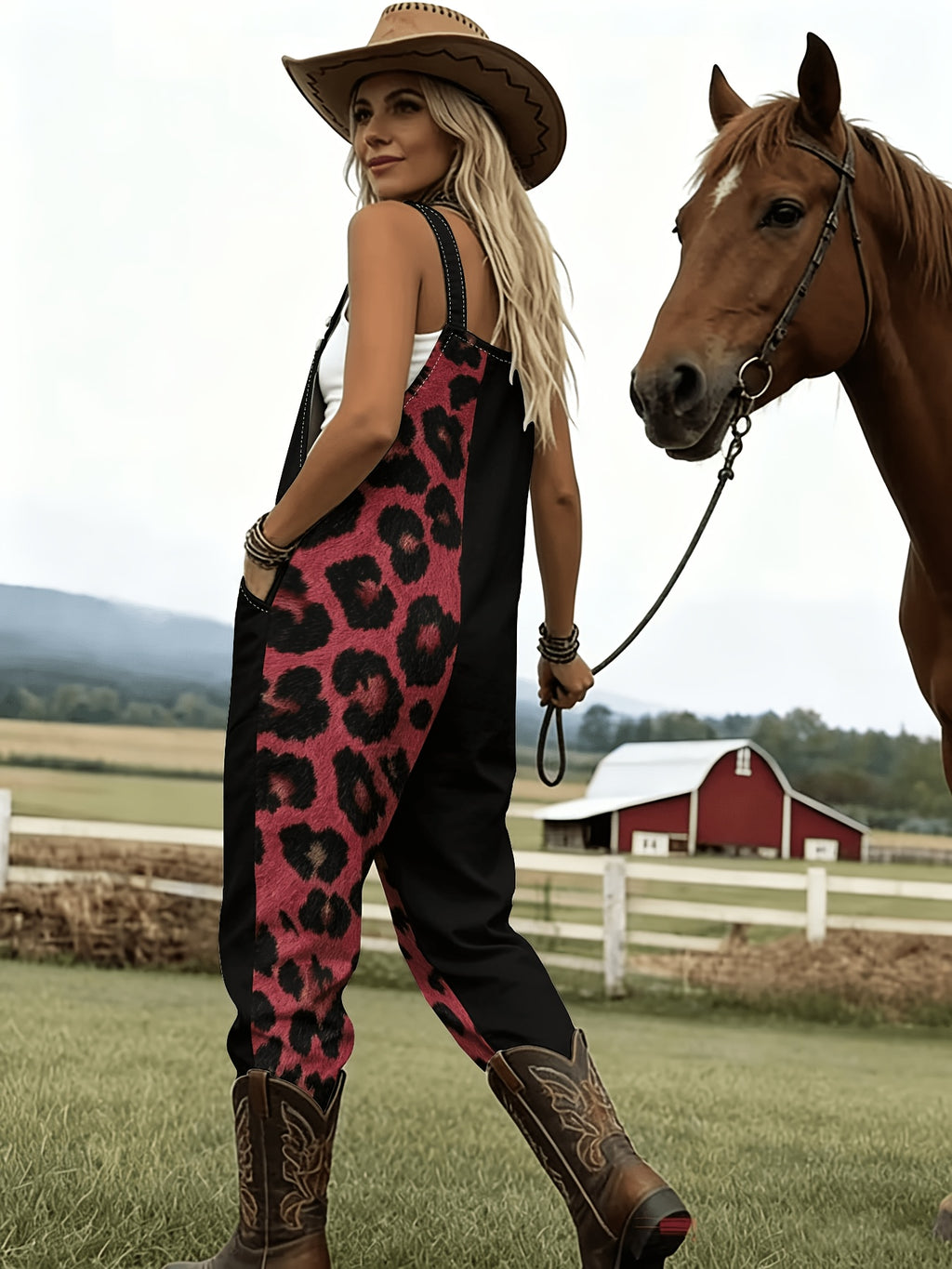Retro-Style Sexy Overalls with Half Leopard Print And Half Black Patchwork Design, Women'S Wide-Leg Jumpsuit with Fold-Up Cuffs And Pockets, Perfect for Everyday Wear, Outings, And Workwear - Black And Red Stitching
