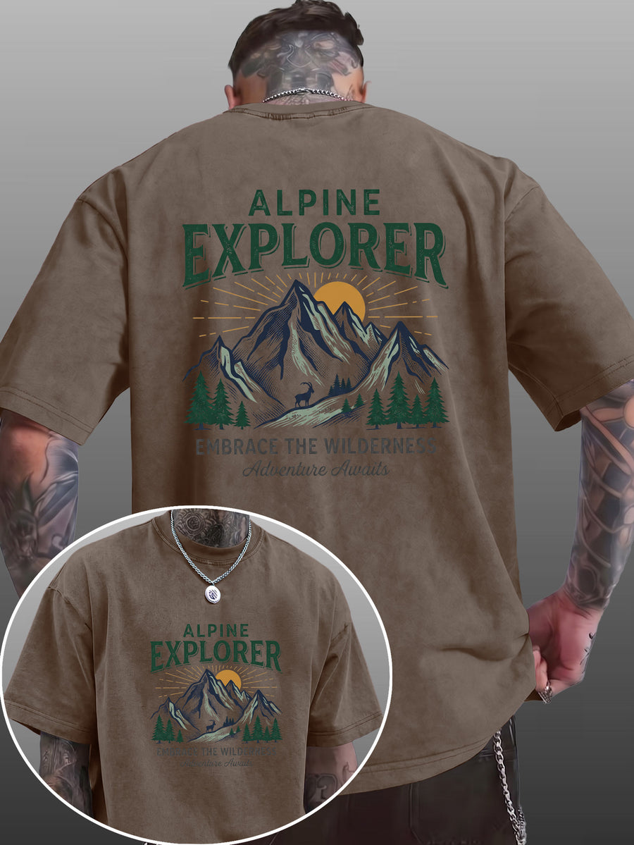 Short Sleeve T-Shirt Men'S Pure Loose Washed Distressed Top Mountain Adventure Forest Sunset Pattern Trendy Reversible Double-Sided Print Multicolor Casual American Street High Street Hip-Hop Style Daily Outing Commute Fitness Couple Style Y2K Natio - Brown