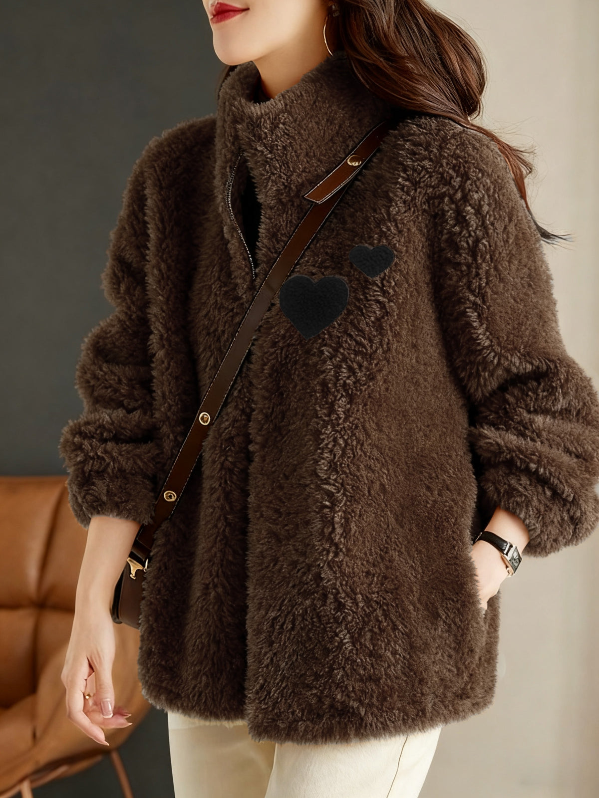Solid Color Zipper Plush Jacket - Dark Brown
