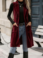 European and American Fashion Corduroy Suit Vest for Women, Slim-Fit Vintage Elegant Long Outer Coat Cardigan - Burgundy