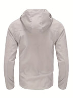 Men's Lightweight Softshell Jacket with Hood, 100% Polyester Solid Color, Regular Fit, Long Sleeves, Zippered Pockets, Outdoor Casual Style - Blue+Khaki