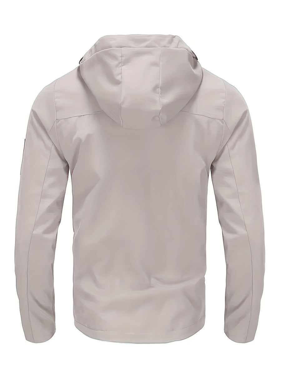 Men's Lightweight Softshell Jacket with Hood, 100% Polyester Solid Color, Regular Fit, Long Sleeves, Zippered Pockets, Outdoor Casual Style - Blue+Khaki