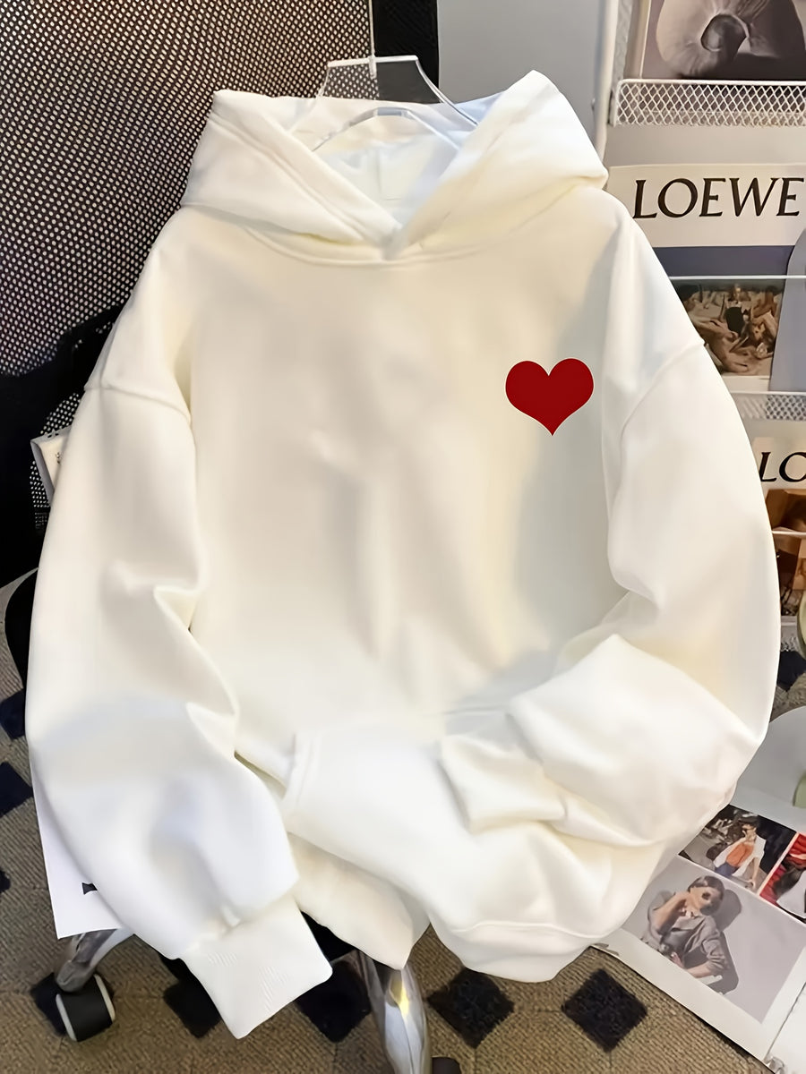Heart" Pattern Hoodie - Couple's Hooded Sweatshirt, Daily Casual Swear, Long Sleeve, Lightweight Stretch Fabric, Playful Print Top | Comfortable Fit - Unisex - White