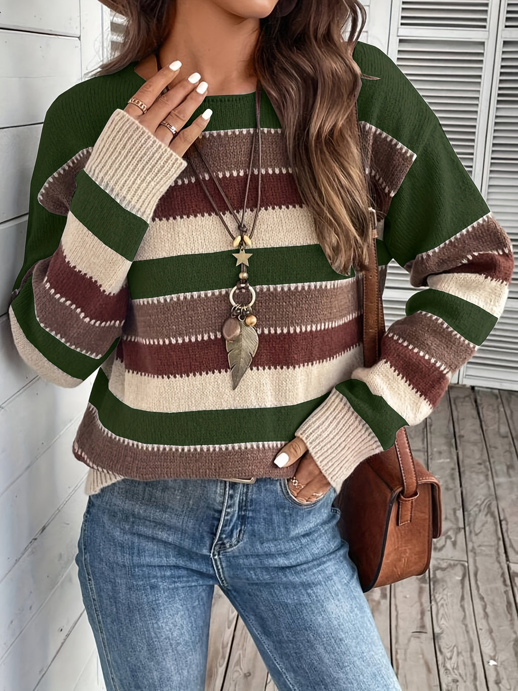 Women's Vintage Casual Sweater - Soft Medium-Stretch Round Neck Long Sleeve, Horizontal Striped Loose Fit Pullover for All-Season Comfort & Everyday Elegance, Cute Sweaters, Elegant Layering Piece, Durable Knitwear - Olive Green