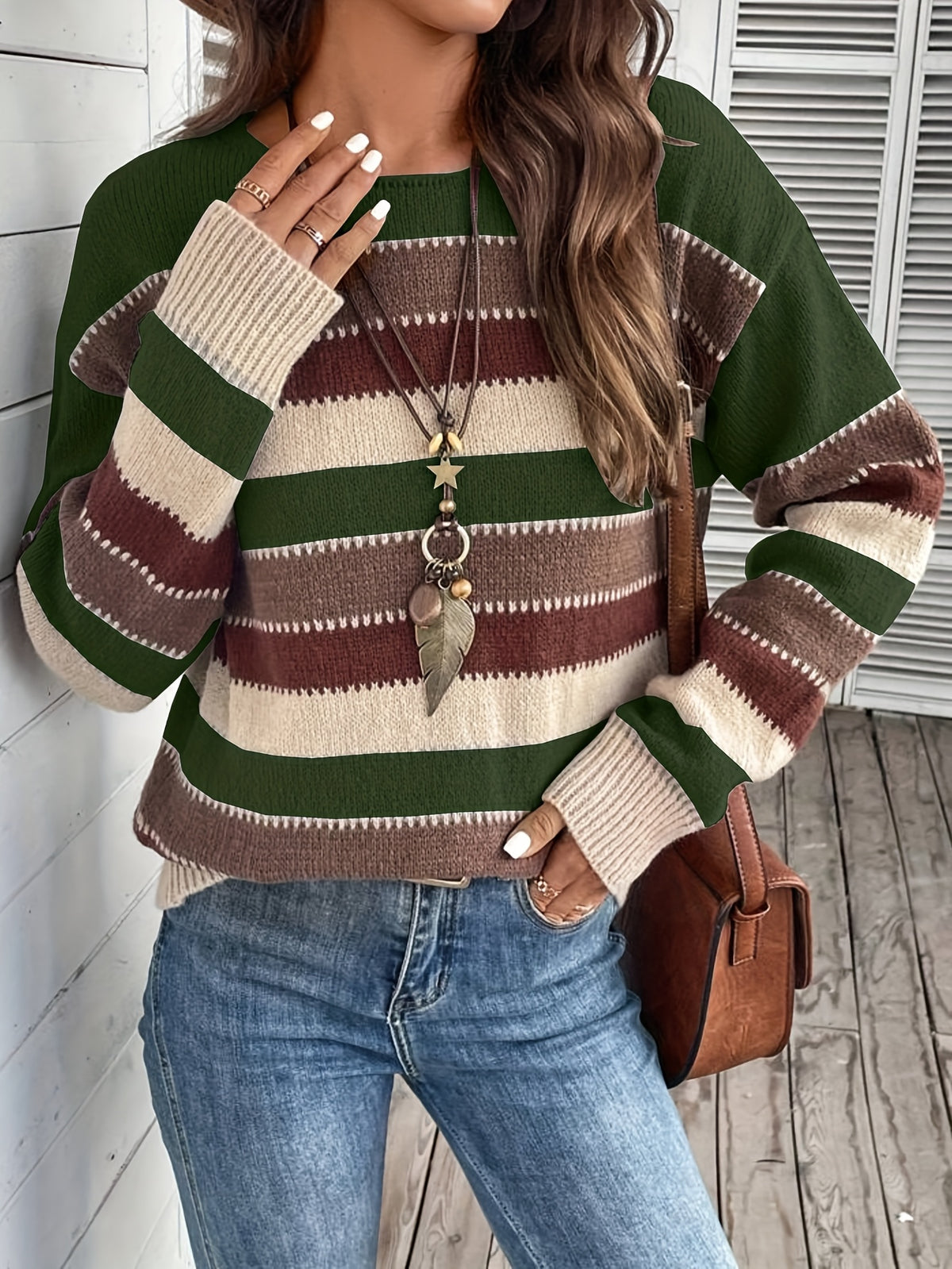 Women's Vintage Casual Sweater - Soft Medium-Stretch Round Neck Long Sleeve, Horizontal Striped Loose Fit Pullover for All-Season Comfort & Everyday Elegance, Cute Sweaters, Elegant Layering Piece, Durable Knitwear - Olive Green