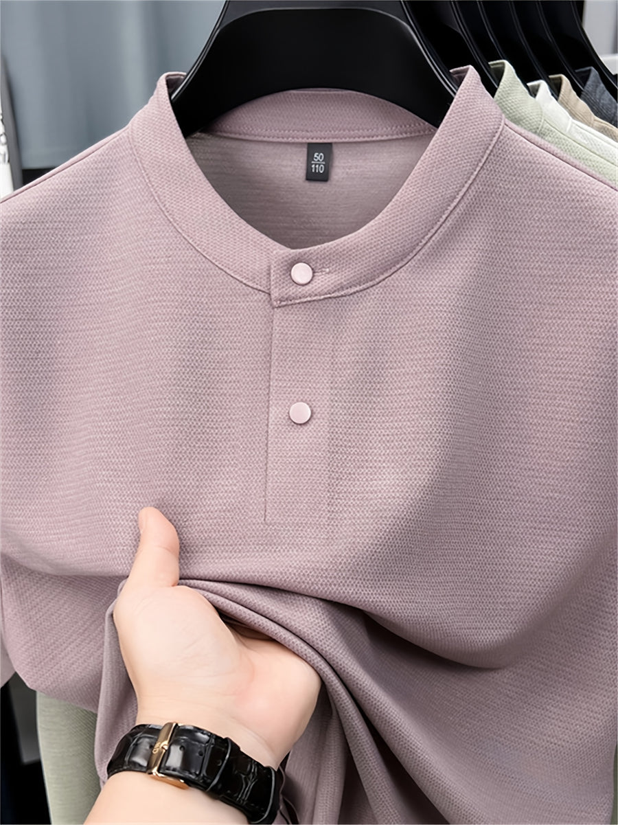 Men'S Henley Shirt Summer New Style, Solid Color Round Neck Top, Half-Button Placket, Button Closure Design, Layering with Thin Jacket, Versatile for Business Office, Golf Sports, Casual Outings, Short Trips, Father'S Day Gift, Men'S Gift - Pink Purple