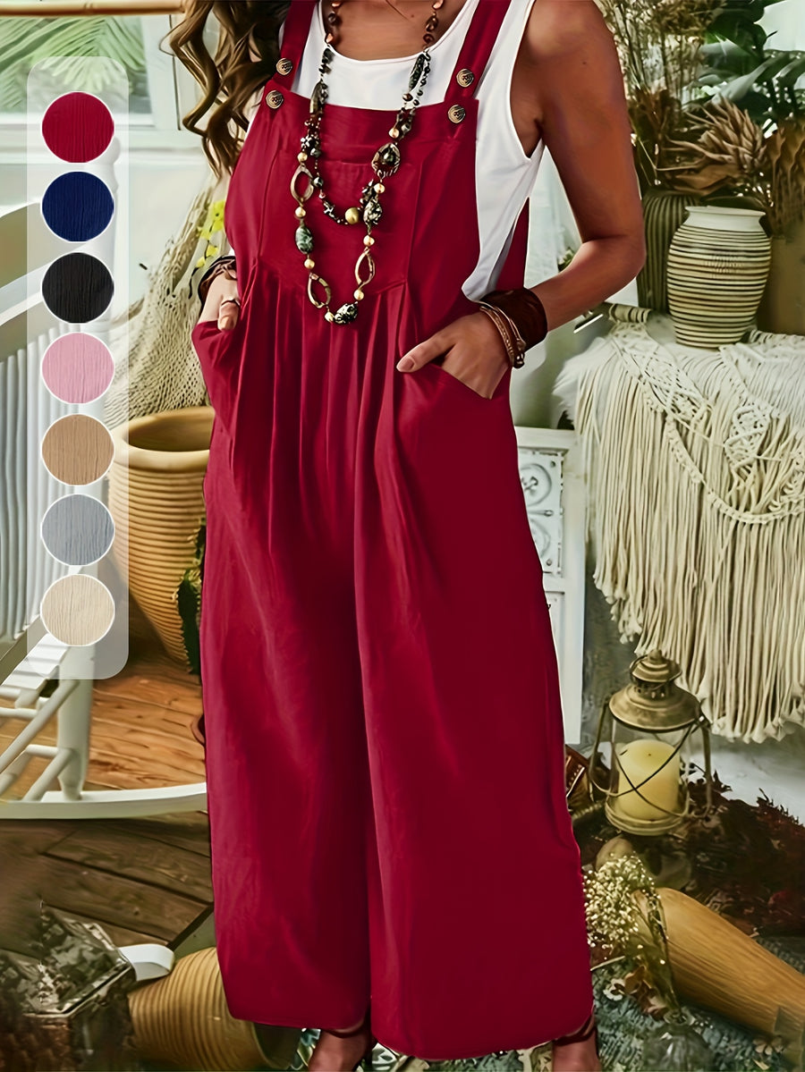 Plus Size - Spring Summer Women'S Plus Size Solid Color Button Bib Jumpsuit - Comfortable Casual Homewear (Front Length with Straps, Measure After Fastening Last Button) - Red