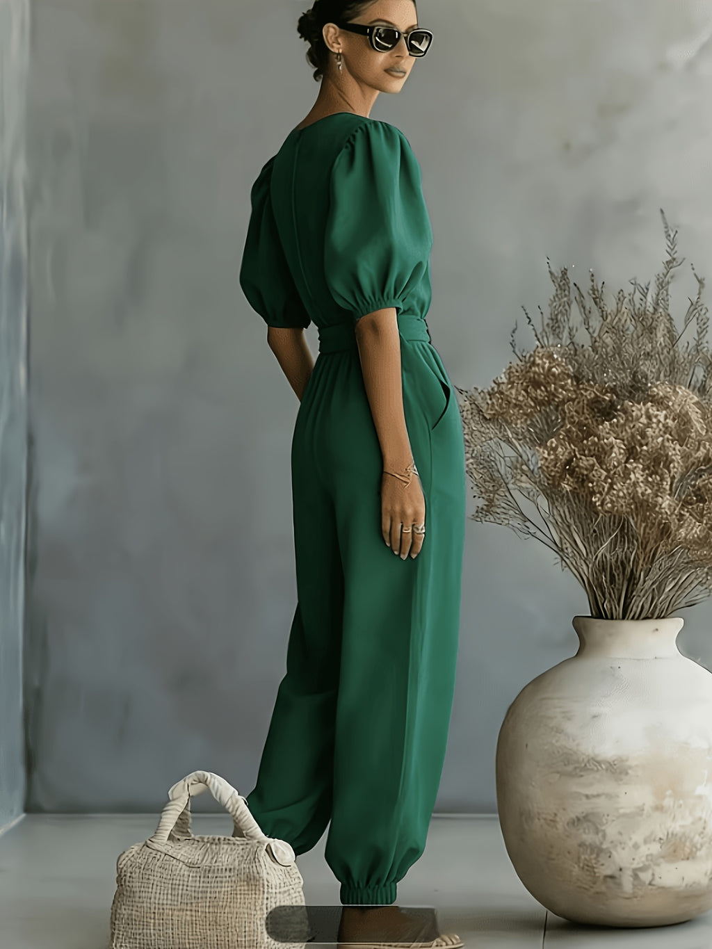 2026 Spring/Summer Women's Bohemian Style Bubble Short Sleeve Tie-Up Cuff Wide-Leg Commuter Jumpsuit for Beach, Workplace, and Weekend Multi-Scene Outfits - Dark Green