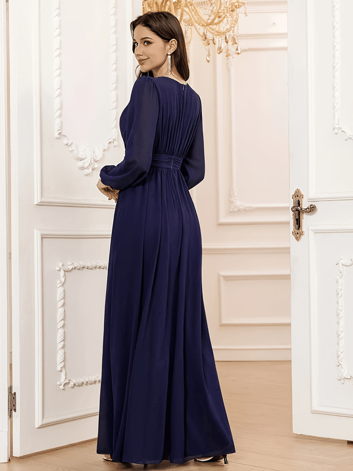 P373 French-Style Elegant, Dynamic, and Flowing A-Line Dress with Waist Cinching and Flared Hem, Suitable for Dates, Dinners, and Weddings, for Women and Bridesmaids - Navy Color