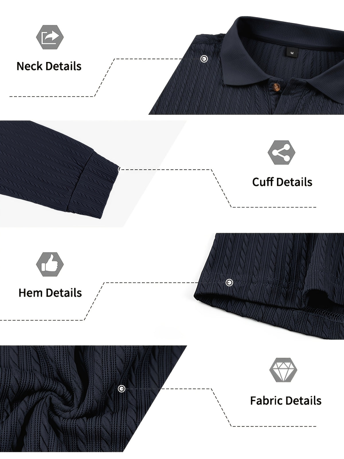 Autumn/Winter New Arrival: 1pc Men's Twisted Cable Vertical Stripe Knit Long-Sleeve Polo Shirt, Three-Dimensional Jacquard Texture, Classic Lapel, Vintage Brown Wood Grain Three-Button, Stretchy Soft Knitted Fabric, Solid Color Minimalist Top - Navy Color