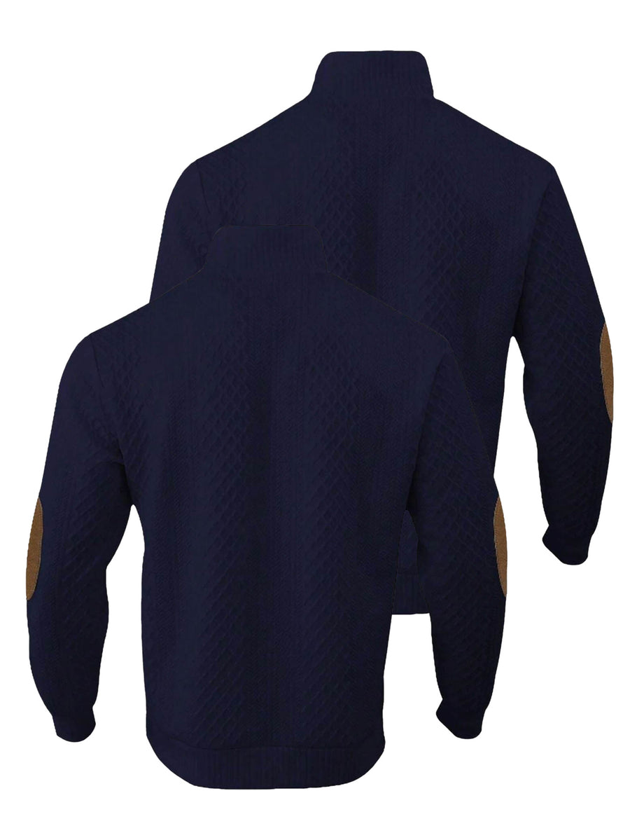 2pcs Men's Stand Collar Jacquard Knit Henley Shirts, Mature Vintage High Neck Pullover Polo, Random Texture Color-Block Collar Jacquard Patchwork Design, Suitable for Outdoor Casual Sports Wear, Ideal as Men's Birthday Gift, Outdoor Clothing - Navy Color