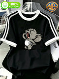 Cartoon Pattern Print Double Stripe Color-Block T-Shirt, Men'S Size, 100%, Machine Washable - Casual Comfortable, Diverse Styles, Loose Fit, Summer Short Sleeve - Black