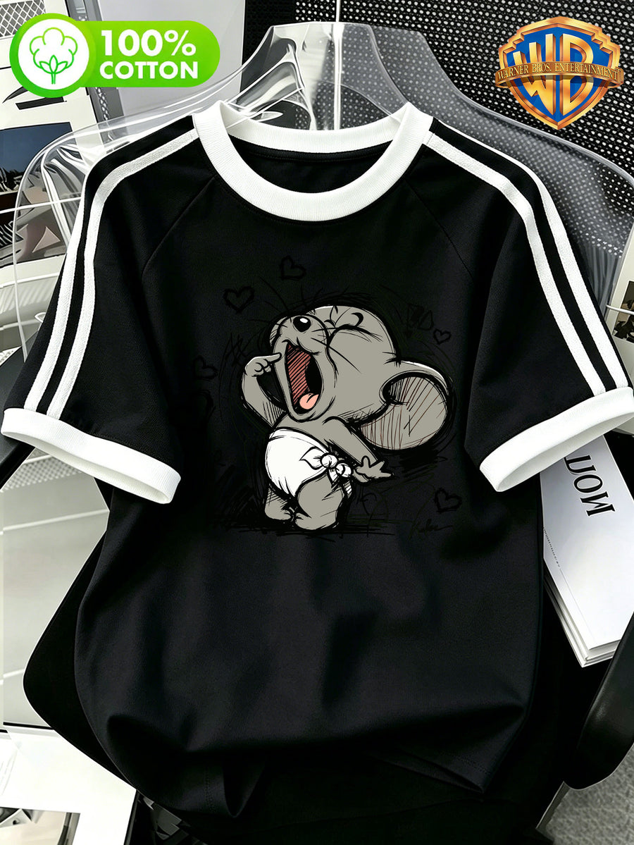 Cartoon Pattern Print Double Stripe Color-Block T-Shirt, Men'S Size, 100%, Machine Washable - Casual Comfortable, Diverse Styles, Loose Fit, Summer Short Sleeve - Black