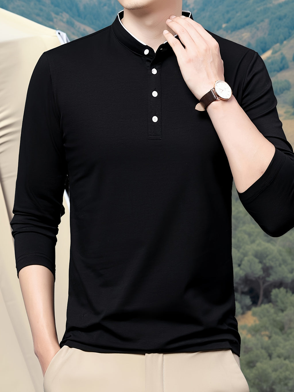 New Spring/Autumn Men's Stand Collar Long Sleeve T-Shirt, Casual Business, Dad's Outfit, Pure Top, Holiday Gift - Soot Black