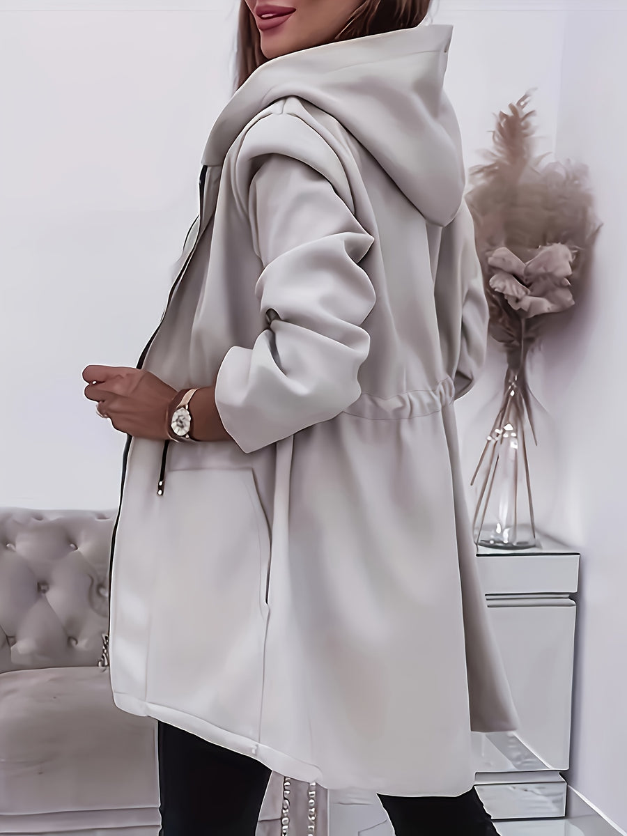 Pocket Zipper Design Drawstring Hooded Coat - Grey