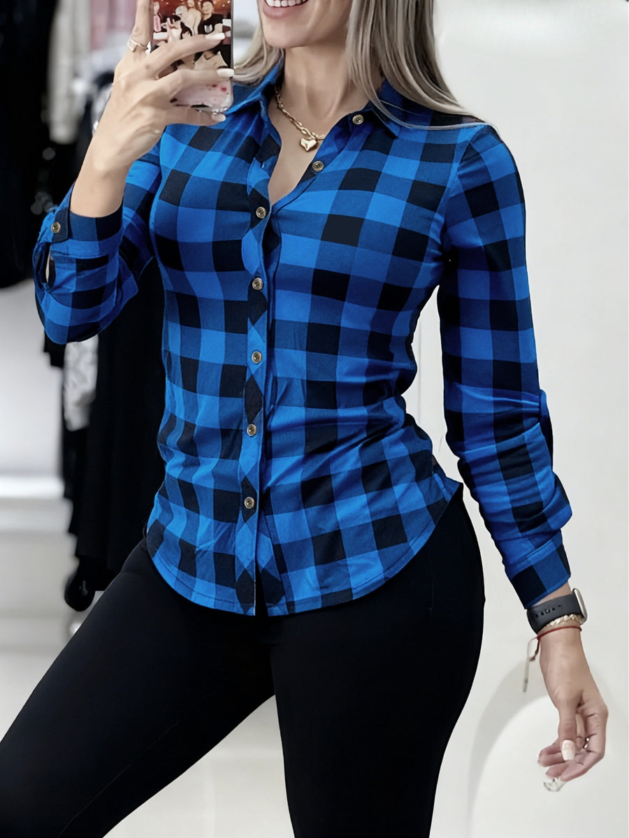 Women's Elegant Special Line Long Sleeve Button-Up Shirt - Loose Fit Lapel Collar Blouse, Double-Color Checkered ( & Color), Single-Breasted Door Placket, Suitable for Spring Summer Fall Casual Outdoor Wear, Office & Semi-Formal Attire - Blue Plaid