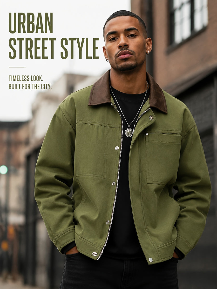 Men'S Color-Block Collar Cargo Jacket, Zipper Button-Front Double Breasted, Multi-Pocket Chest, Drop Shoulder Loose Short Retro Streetwear Coat - Olive