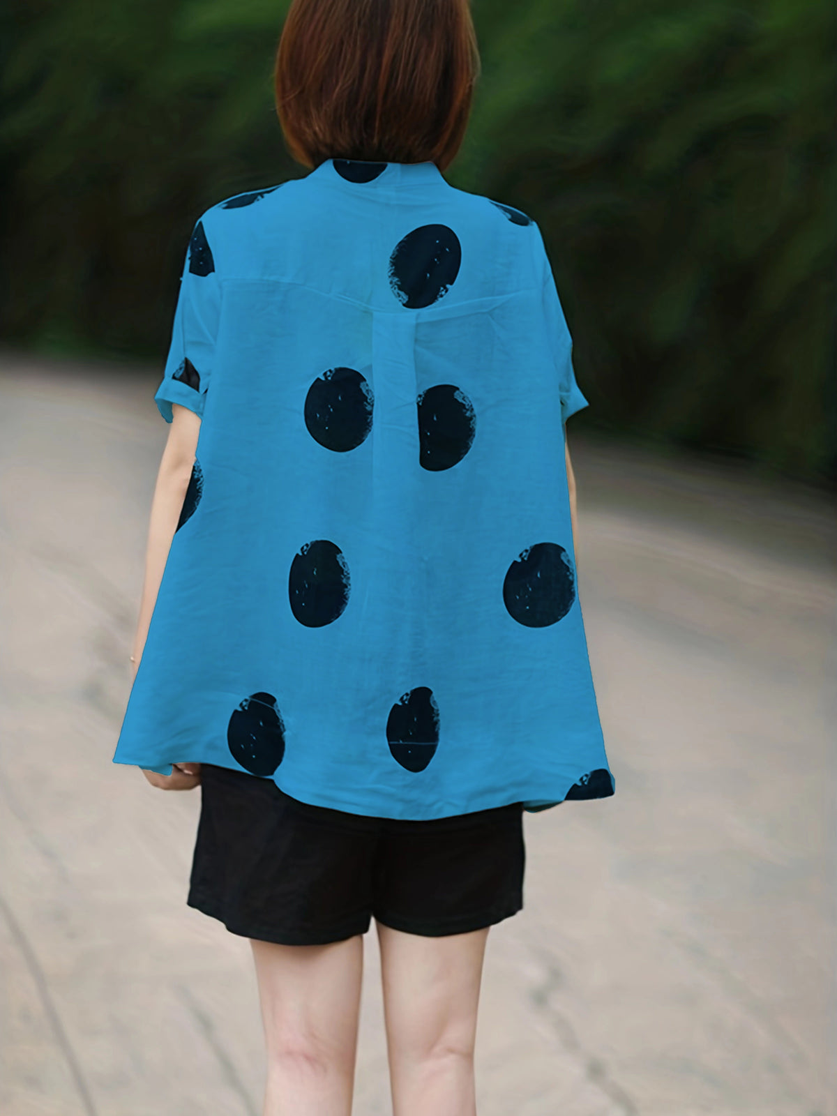Women'S Vintage Polka Dot Print Shirt - Short Sleeve, Stand Collar, Button-Up Top with Asymmetrical Hem, Black & Orange, Casual Summer Blouse for Adults, Casual Summer Wear | Vintage Style Shirt | Nonstretch Fabric - Deep Sky Blue