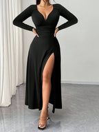 Women's Solid Color V-Neck Long Maxi Dress with -Line Slit Hem - Slim Fit -Length Evening Gown, High-Elasticity for Spring/Summer, Machine Washable Wedding Guest Dress Suitable for Commuting, Dates, Gatherings - Black