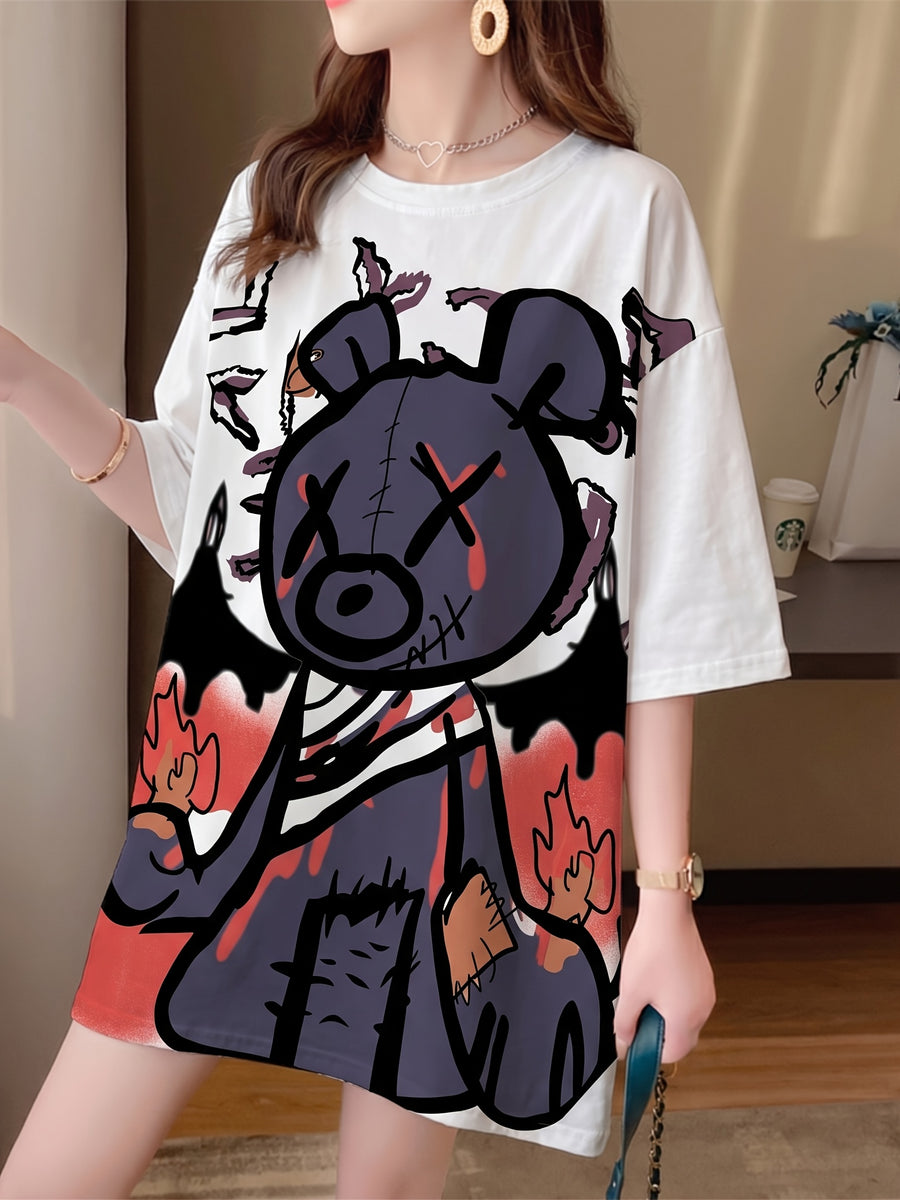 New Summer Collection of Plus-Size Loose-Fitting Stylish Cartoon Print Women'S Mid-Length Short-Sleeve T-Shirts - K54-W