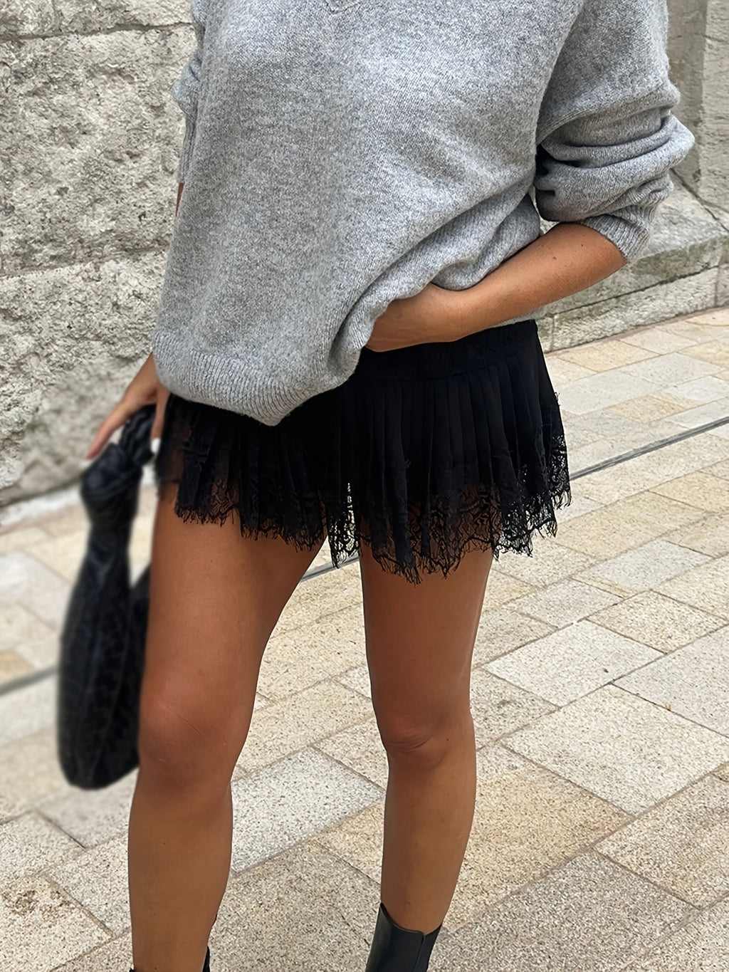 Women'S Pleated Lace Mini Skirt Casual Low Waist Loose Fit Pleated A-Line Skirt Half Skirt Lace Trim Fairy Net Tassel Short Skirt Lining Skirt Casual Summer Beach Vacation Street Style - Black