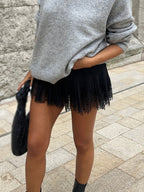 Women'S Pleated Lace Mini Skirt Casual Low Waist Loose Fit Pleated A-Line Skirt Half Skirt Lace Trim Fairy Net Tassel Short Skirt Lining Skirt Casual Summer Beach Vacation Street Style - Black