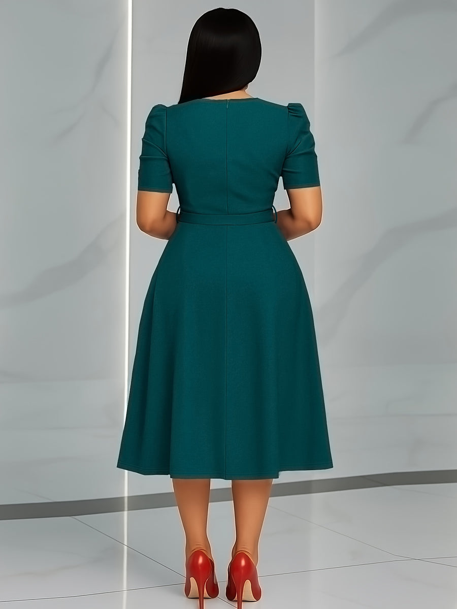Women'S Elegant V-Neck Ruched Midi Dress, Solid Color Short Sleeve, Waist-Cinching Belt, Flowing Skirt, Perfect Spring Summer Outfit, Adult Fashion, Comfortable Daily Elegant Waist-Cinching Dress, Ruched Detail - Peacock Blue