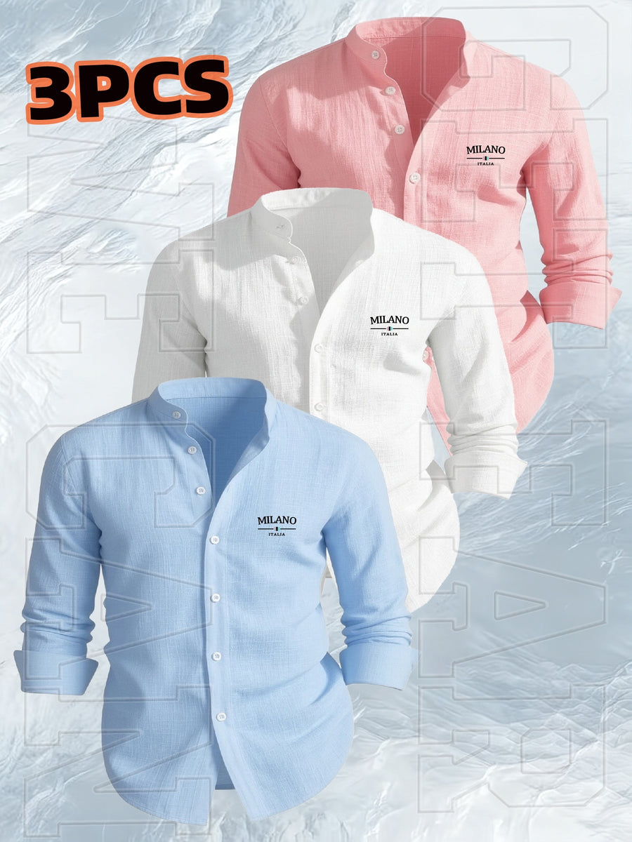 [Qiaoximei OBM] 3pcs Set, Men'S Clothing New Stand-Collar Solid Color Faux Linen Long Sleeve Shirt, Geometric Pattern Stand-Collar Easy Design, Spring Autumn Winter High-Quality Men'S Long Sleeve Stand-Collar Button-Up Shirt - Suitable for Outdoor L - Sky Blue + White + Light Pink