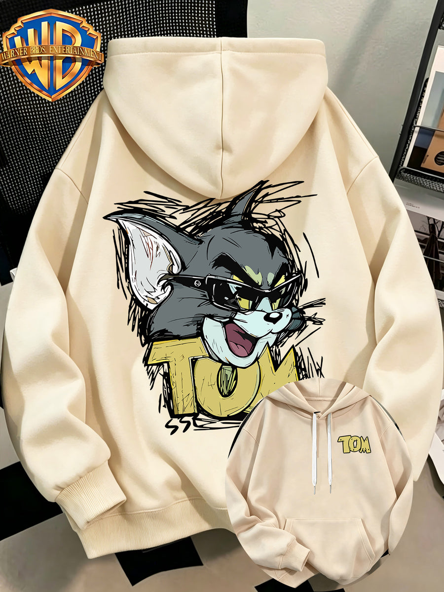 WB Men's. Official Licensed Hooded Sweater Hoodie - Retro Print (Loose Fit Hooded with Iconic WB), Machine Washable Casual Sweater Suitable for Fall/Winter, Daily Wear & for or Outings - Apricot