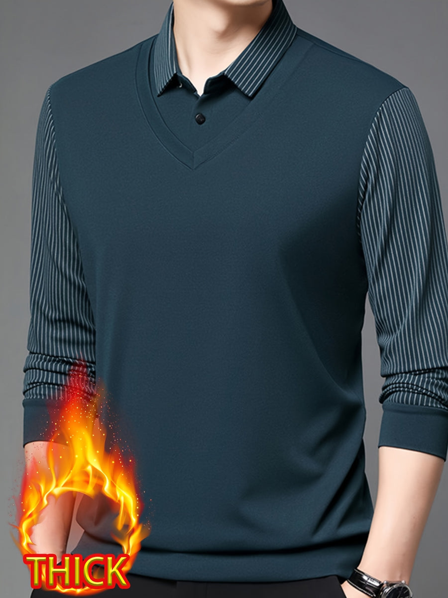 Autumn/Winter Men's 2-in-1 Look Shirt Collar Top with Striped Sleeves, Thick and Warm, Well-Fitted Cut, Versatile Pullover for Commuting - Ha Qing
