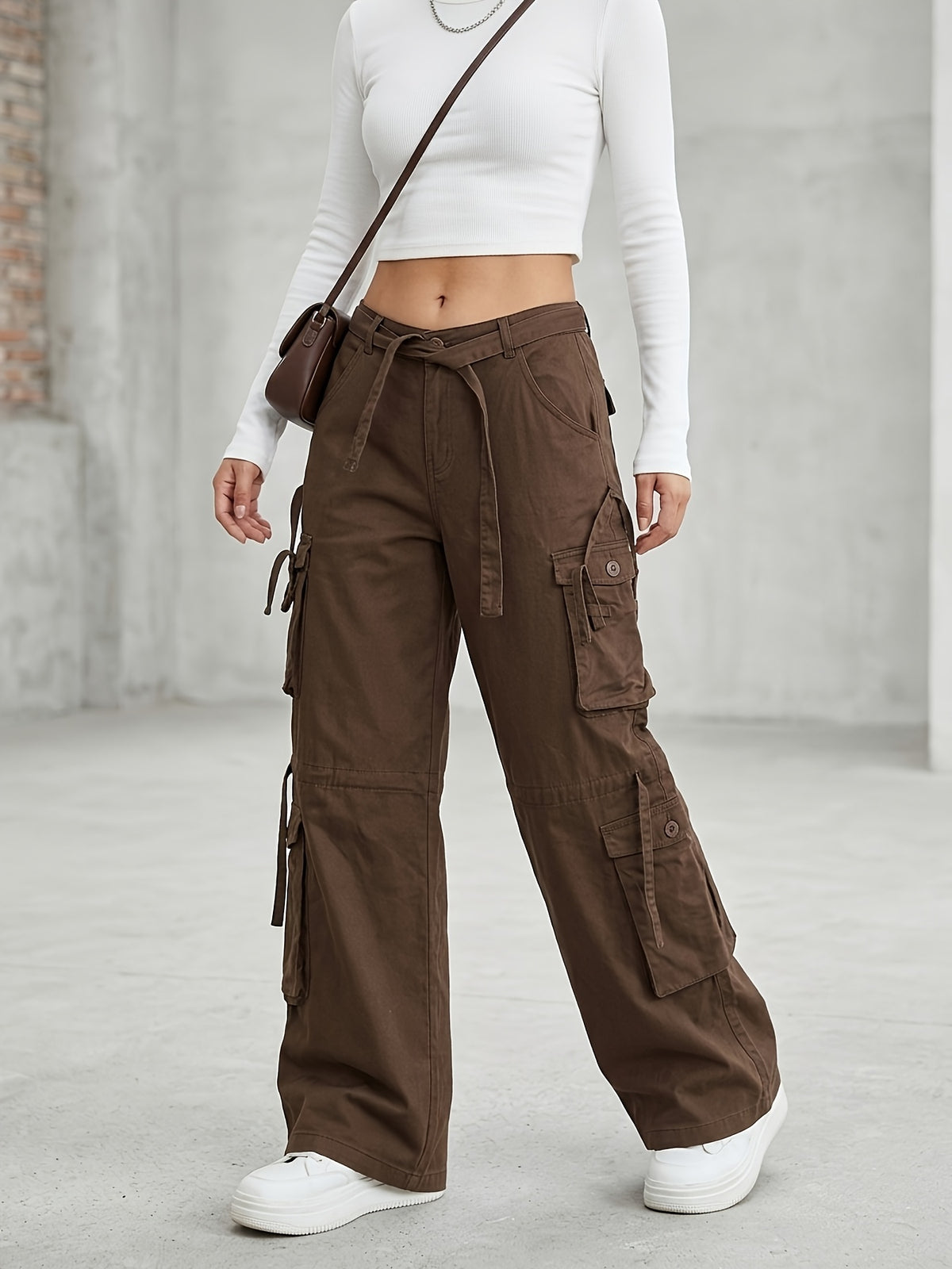 Women'S New Micro-Elastic Low-Waist Brown Cargo Pants, with Belt, All-Season Versatile Loose Fashion Style Multi-Pocket Straight Casual Long Trousers Denim Jeans - Coffee Color