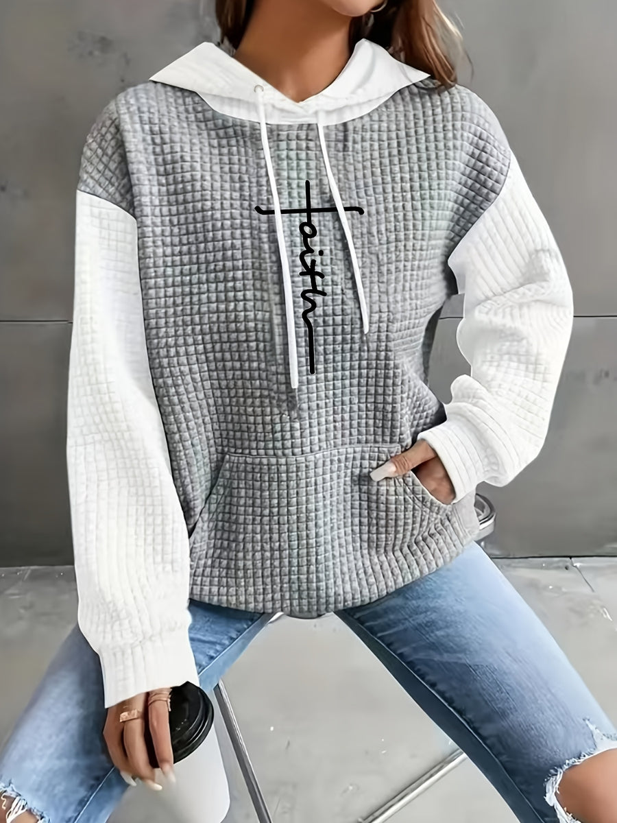 Women's Casual Oversized Hoodie with Checkered Texture & Letter Print, Kangaroo Pocket, Long Sleeve Loose Fit Sweatshirt for Fall Winter, Machine Washable, Fall Fashion, Relaxed Style, Comfortable Texture, Print Sweatshirt, Cozy Wear - Light Grey